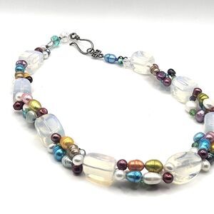 Iridescent Opalite Glass Genuine Multi-Color Pearl Beaded Choker Necklace 16in